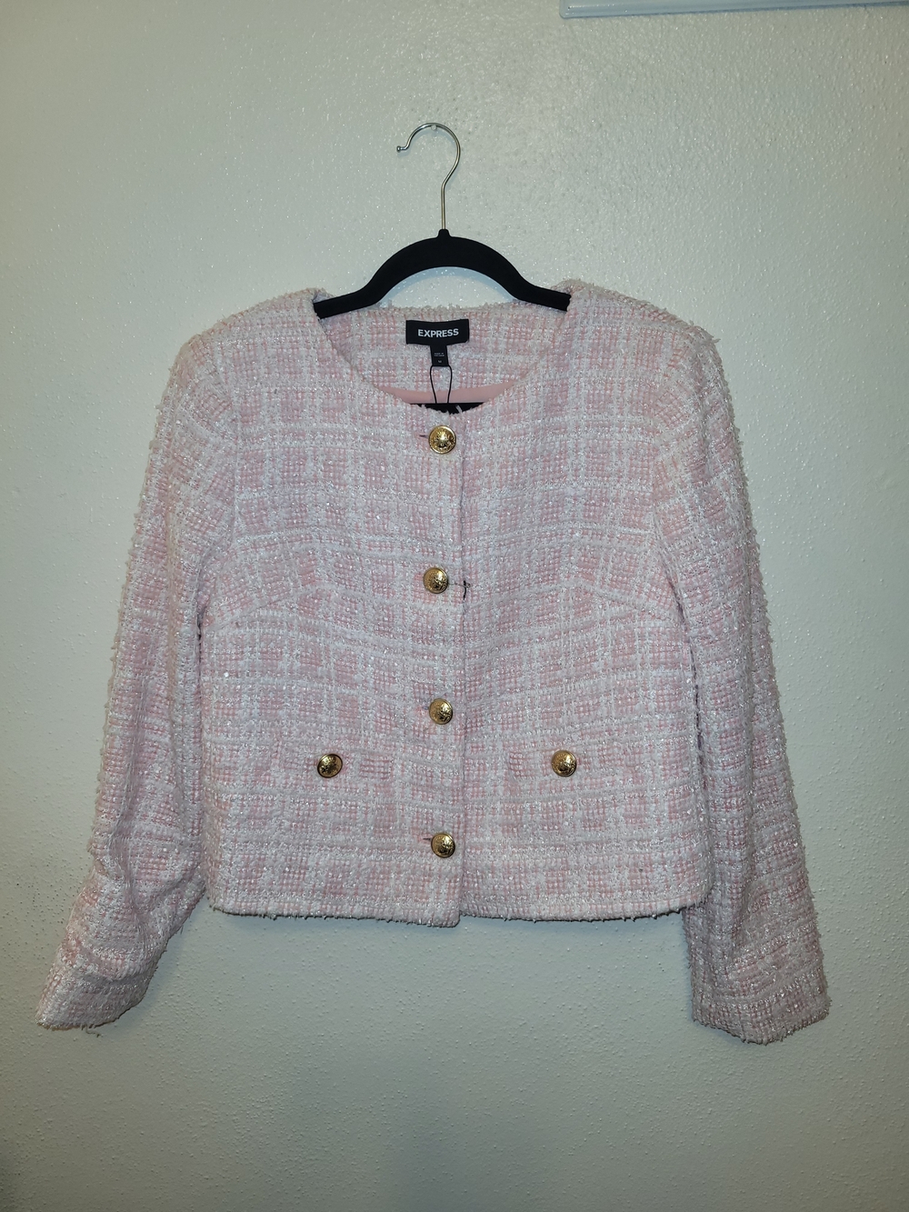 NWT Express Pink Bouclé Tweed Cropped Jacket Gold Crest Buttons Size Medium